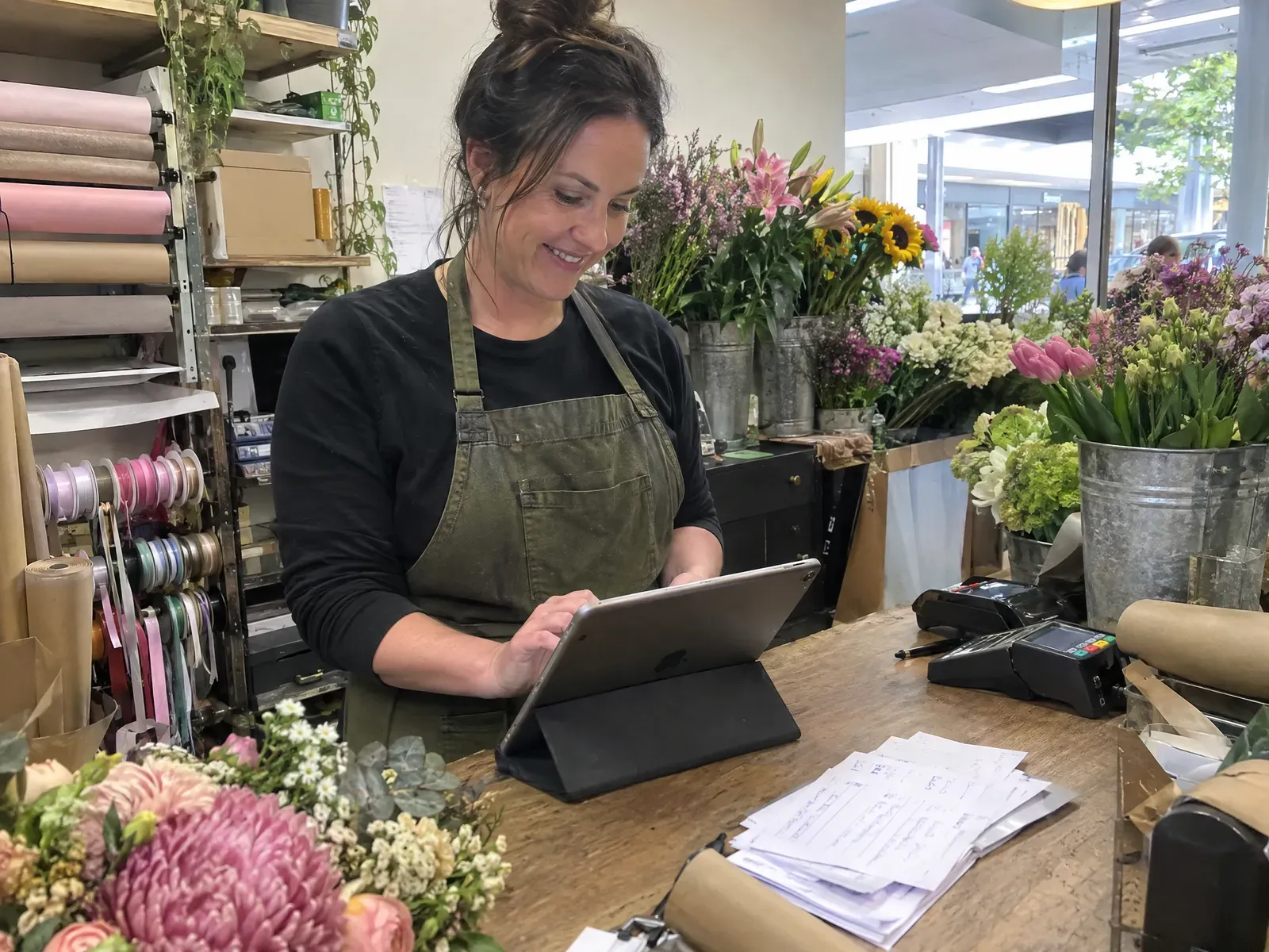 A local florist checking new online orders on a tablet at her counter