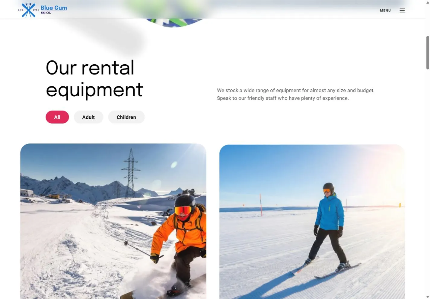 Blue Gum Ski Co. live equipment range with ski rental categories