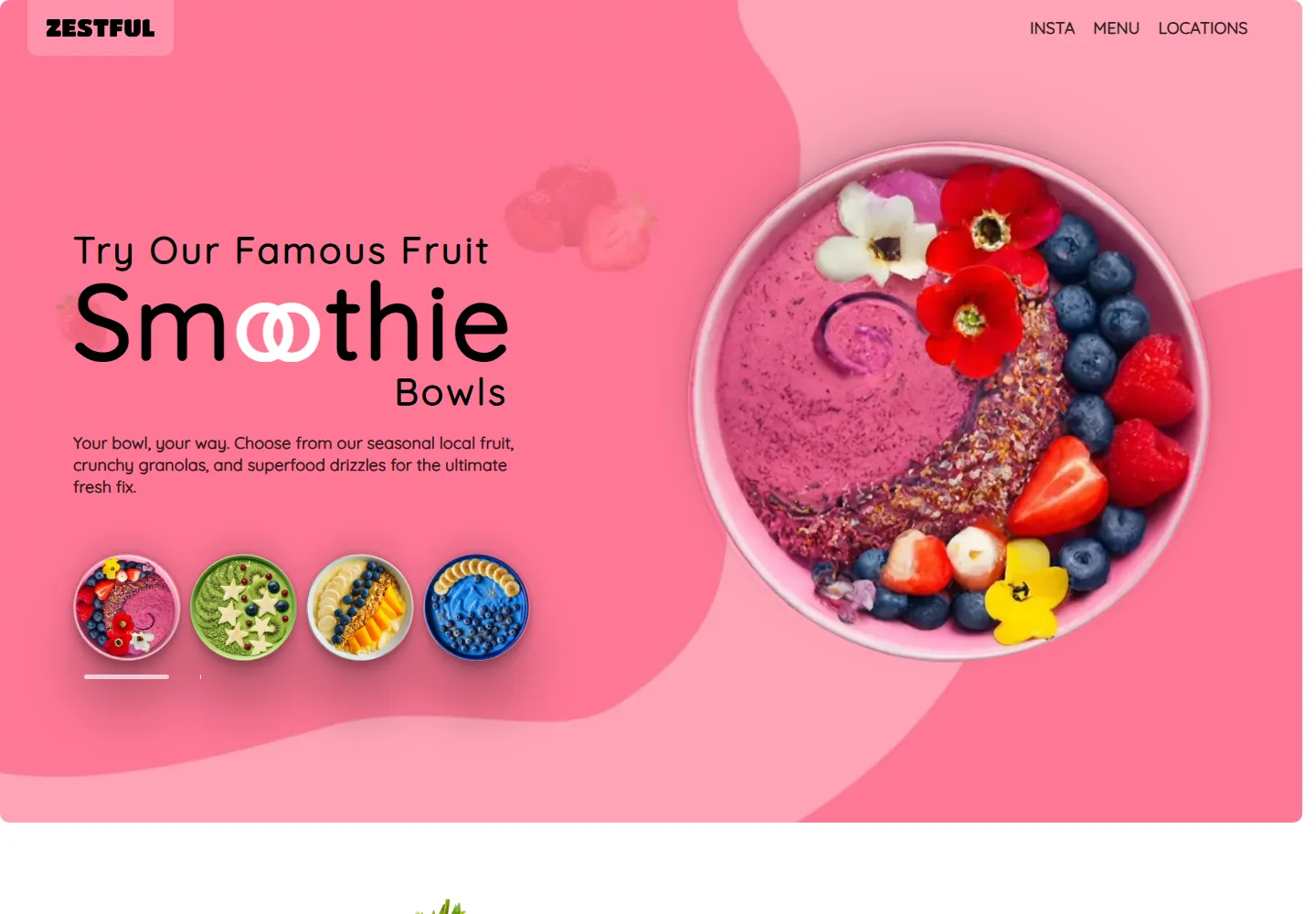 Zestful homepage featuring a colourful smoothie bowl