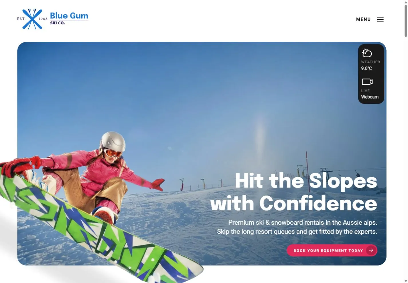 Blue Gum Ski Co. live homepage showing the ski rental hero